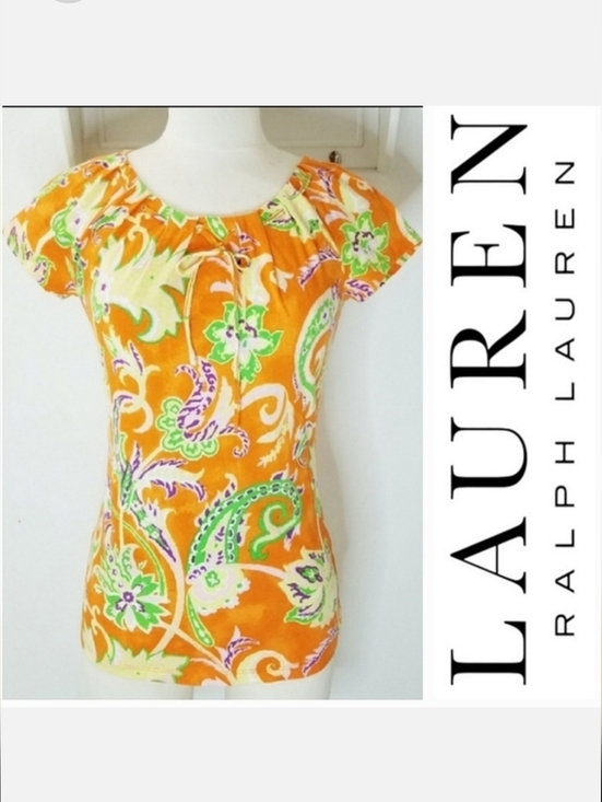 Ralph Lauren Tops - Lauren Ralph Lauren Cap Sleeve Cotton Top Orange Tropical Paisley Sz XS-S